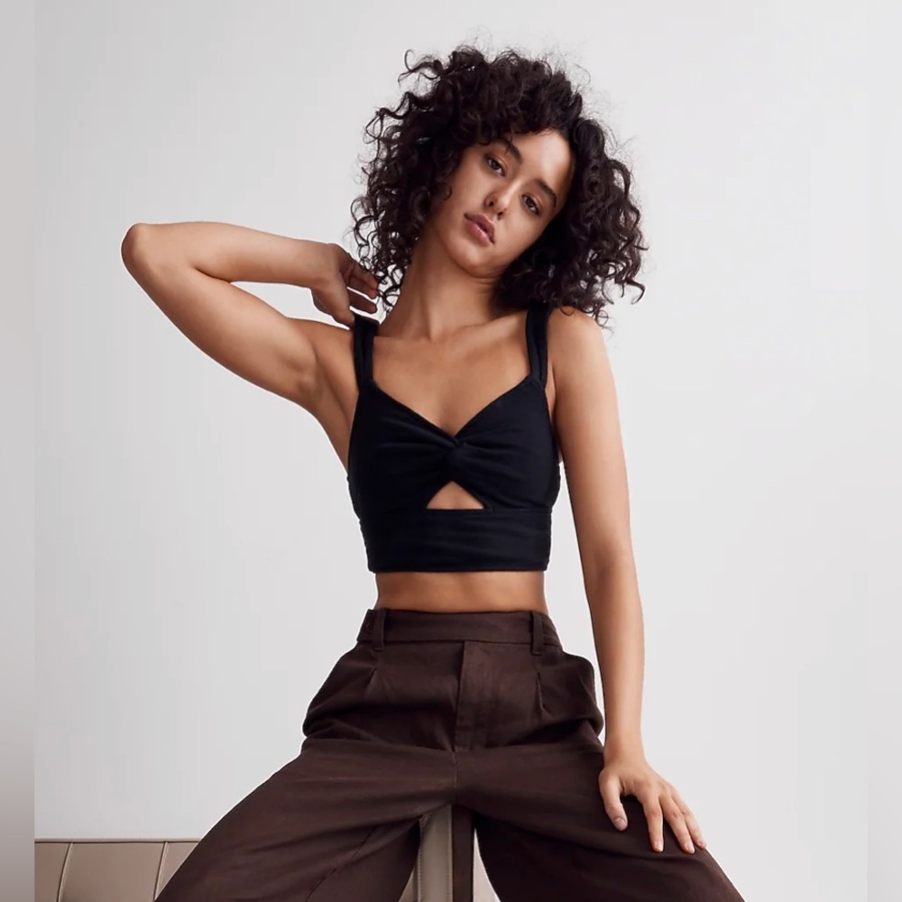 Madewell Black Cutout Knot-Front Crop Tank Top Small 100% Cotton
